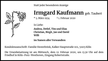 Anzeige von Irmgard Kaufmann von Kölner Stadt-Anzeiger / Kölnische Rundschau / Express