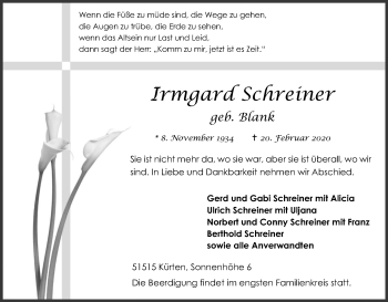 Anzeige von Irmgard Schreiner von Kölner Stadt-Anzeiger / Kölnische Rundschau / Express