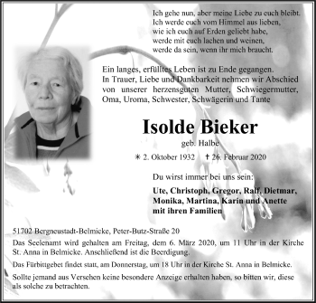 Anzeige von Isolde Bieker von Kölner Stadt-Anzeiger / Kölnische Rundschau / Express
