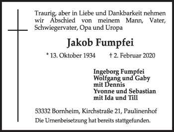 Anzeige von Jakob Fumpfei von  Schlossbote/Werbekurier 
