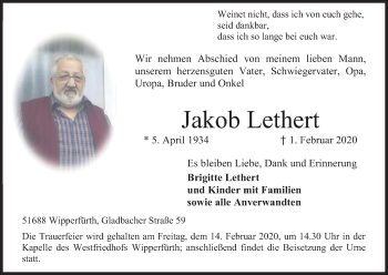 Anzeige von Jakob Lethert von Kölner Stadt-Anzeiger / Kölnische Rundschau / Express