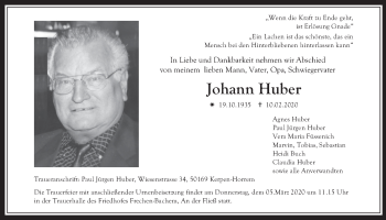 Anzeige von Johann Huber von  Wochenende 