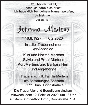 Anzeige von Johanna Mertens von  Schlossbote/Werbekurier 