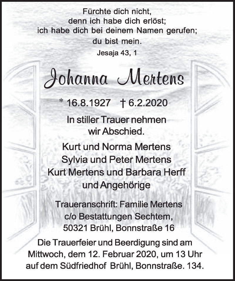  Traueranzeige für Johanna Mertens vom 12.02.2020 aus  Schlossbote/Werbekurier 