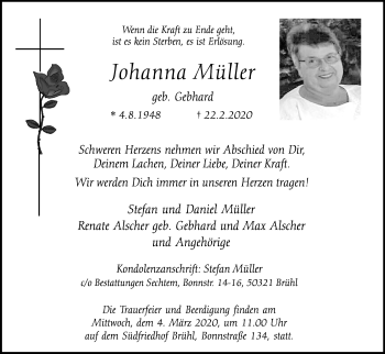 Anzeige von Johanna Müller von Kölner Stadt-Anzeiger / Kölnische Rundschau / Express