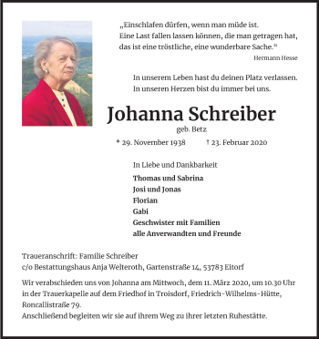 Anzeige von Johanna Schreiber von Kölner Stadt-Anzeiger / Kölnische Rundschau / Express