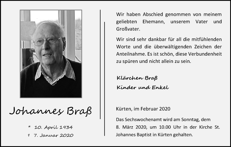  Traueranzeige für Johannes Braß vom 29.02.2020 aus Kölner Stadt-Anzeiger / Kölnische Rundschau / Express