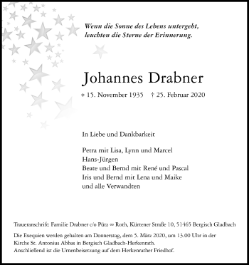 Anzeige von Johannes Drabner von Kölner Stadt-Anzeiger / Kölnische Rundschau / Express