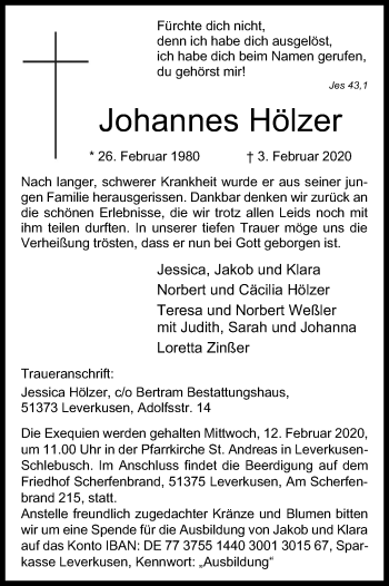 Anzeige von Johannes Hölzer von Kölner Stadt-Anzeiger / Kölnische Rundschau / Express