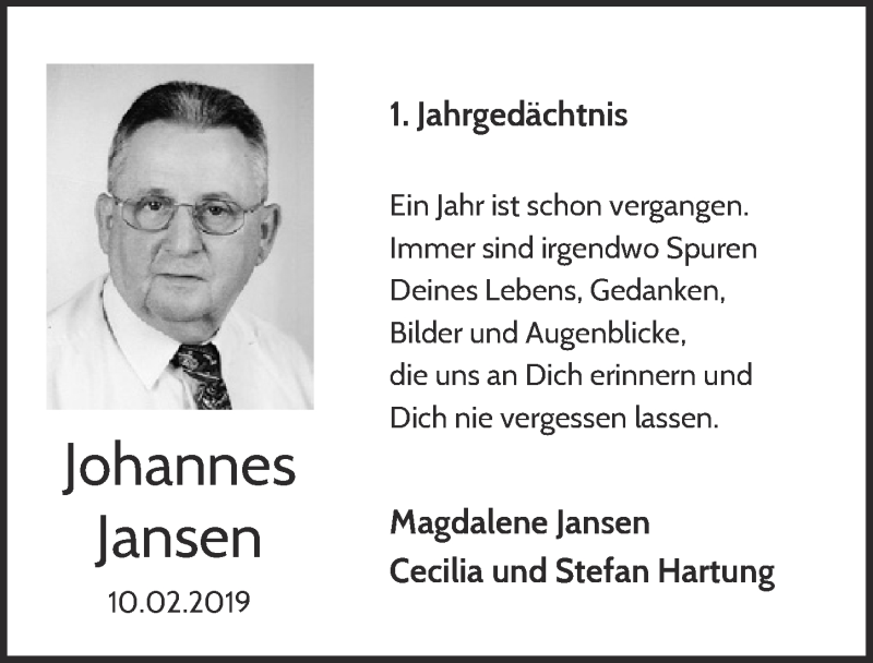  Traueranzeige für Johannes Jansen vom 08.02.2020 aus  Blickpunkt Euskirchen 
