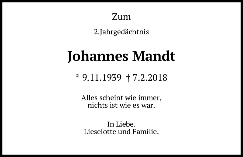  Traueranzeige für Johannes Mandt vom 07.02.2020 aus Kölner Stadt-Anzeiger / Kölnische Rundschau / Express