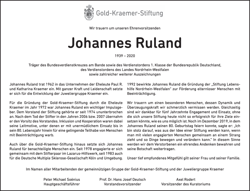  Traueranzeige für Johannes Ruland vom 15.02.2020 aus  Sonntags-Post 