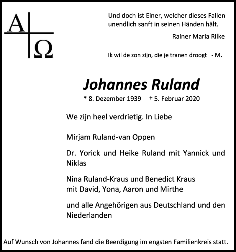  Traueranzeige für Johannes Ruland vom 15.02.2020 aus Kölner Stadt-Anzeiger / Kölnische Rundschau / Express