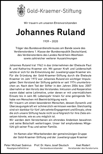Anzeige von Johannes Ruland von Kölner Stadt-Anzeiger / Kölnische Rundschau / Express
