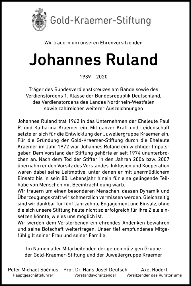  Traueranzeige für Johannes Ruland vom 15.02.2020 aus Kölner Stadt-Anzeiger / Kölnische Rundschau / Express