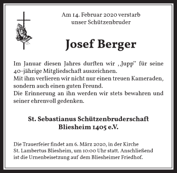 Anzeige von Josef Berger von  Werbepost 