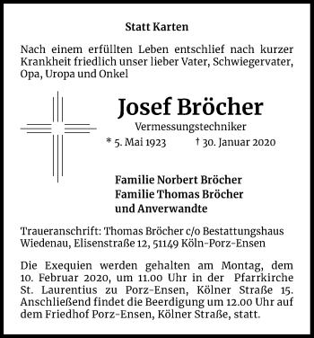 Anzeige von Josef Bröcher von Kölner Stadt-Anzeiger / Kölnische Rundschau / Express