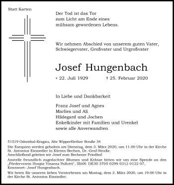 Anzeige von Josef Hungenbach von Kölner Stadt-Anzeiger / Kölnische Rundschau / Express