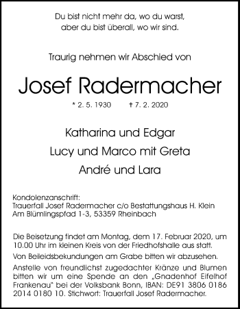 Anzeige von Josef Radermacher von Kölner Stadt-Anzeiger / Kölnische Rundschau / Express