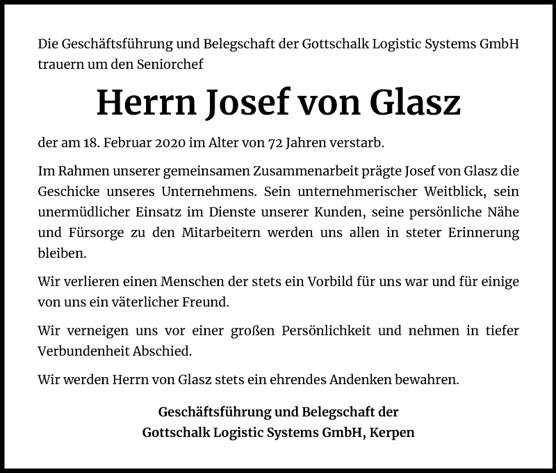  Traueranzeige für Josef von Glasz vom 22.02.2020 aus Kölner Stadt-Anzeiger / Kölnische Rundschau / Express