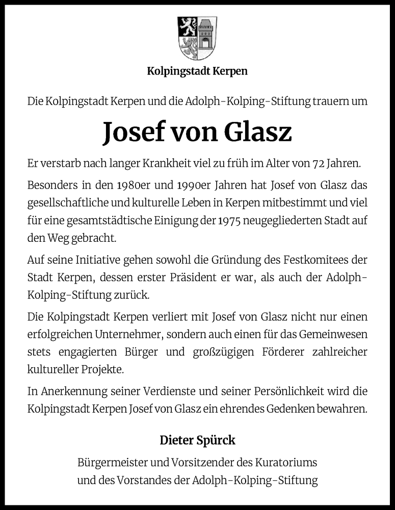  Traueranzeige für Josef von Glasz vom 29.02.2020 aus Kölner Stadt-Anzeiger / Kölnische Rundschau / Express