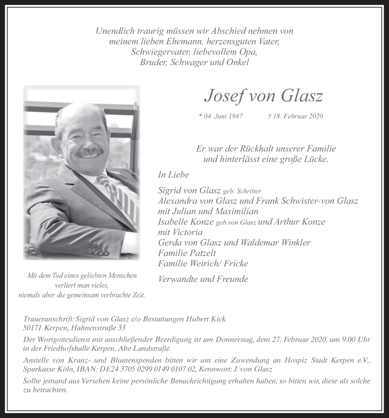  Traueranzeige für Josef von Glasz vom 26.02.2020 aus  Werbepost 