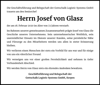 Anzeige von Josef von Glasz von Kölner Stadt-Anzeiger / Kölnische Rundschau / Express