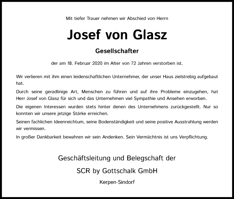  Traueranzeige für Josef von Glasz vom 22.02.2020 aus Kölner Stadt-Anzeiger / Kölnische Rundschau / Express