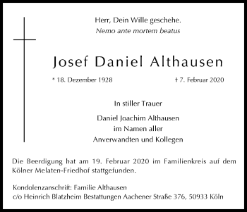 Anzeige von Josef Daniel Althausen von Kölner Stadt-Anzeiger / Kölnische Rundschau / Express