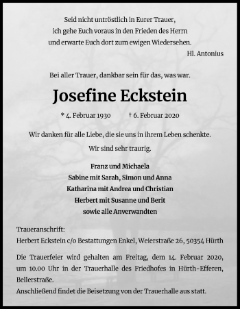 Anzeige von Josefine Eckstein von Kölner Stadt-Anzeiger / Kölnische Rundschau / Express