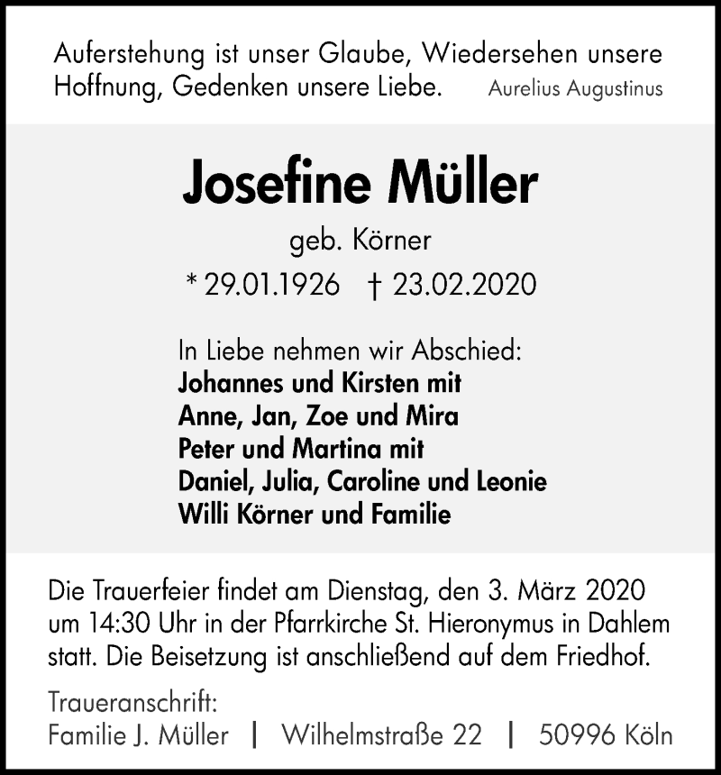  Traueranzeige für Josefine Müller vom 29.02.2020 aus Kölner Stadt-Anzeiger / Kölnische Rundschau / Express