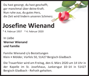 Anzeige von Josefine Wienand von Kölner Stadt-Anzeiger / Kölnische Rundschau / Express