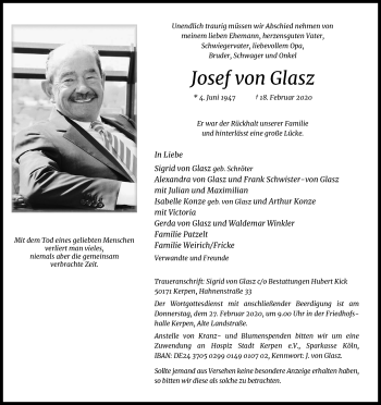 Anzeige von Josef von von Glasz von Kölner Stadt-Anzeiger / Kölnische Rundschau / Express