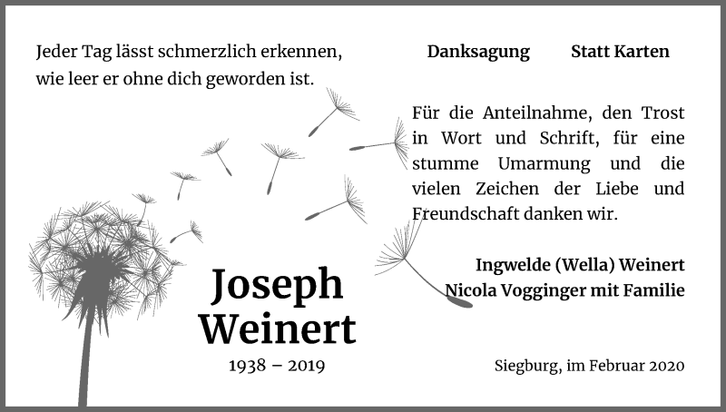  Traueranzeige für Joseph Weinert vom 08.02.2020 aus Kölner Stadt-Anzeiger / Kölnische Rundschau / Express