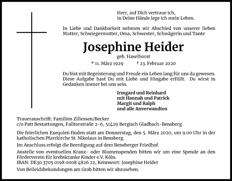  Traueranzeige für Josephine Heider vom 29.02.2020 aus Kölner Stadt-Anzeiger / Kölnische Rundschau / Express