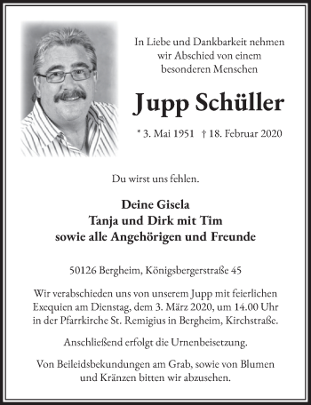 Anzeige von Jupp Schüller von  Sonntags-Post 