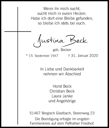 Anzeige von Justina Beck von Kölner Stadt-Anzeiger / Kölnische Rundschau / Express