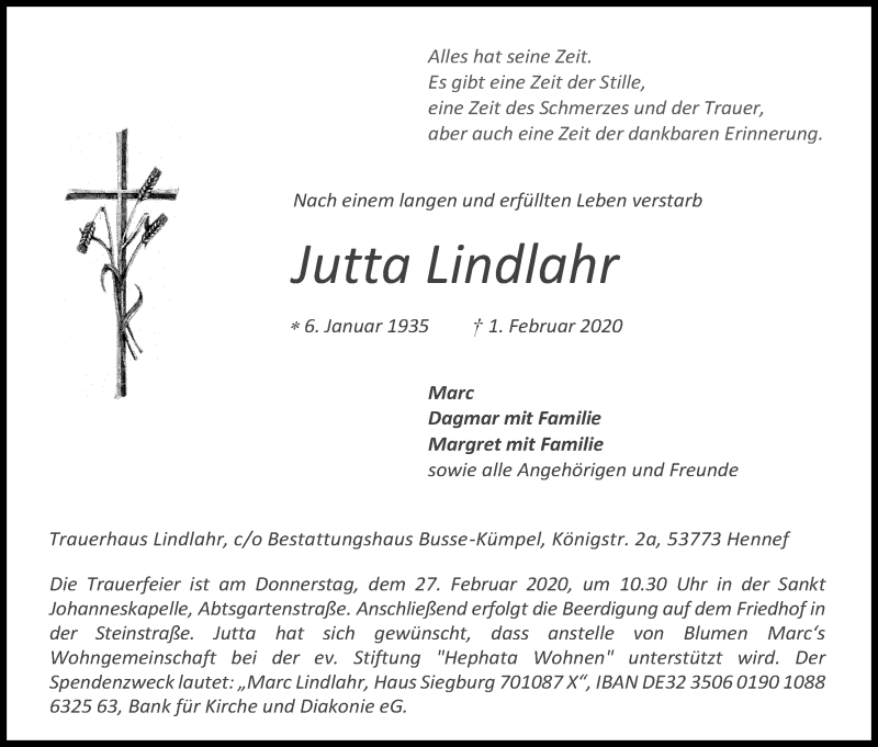  Traueranzeige für Jutta Lindlahr vom 15.02.2020 aus Kölner Stadt-Anzeiger / Kölnische Rundschau / Express