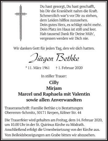 Anzeige von Jürgen Bethke von  Sonntags-Post 