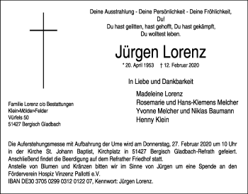 Anzeige von Jürgen Lorenz von Kölner Stadt-Anzeiger / Kölnische Rundschau / Express