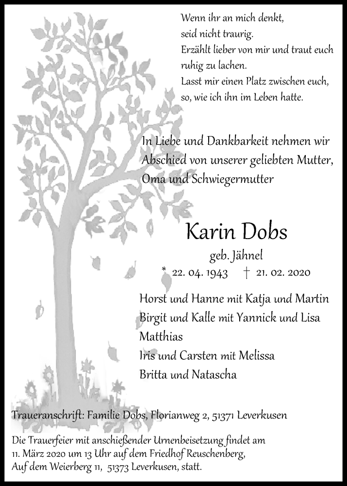  Traueranzeige für Karin Dobs vom 29.02.2020 aus Kölner Stadt-Anzeiger / Kölnische Rundschau / Express