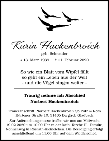 Anzeige von Karin Hackenbroich von Kölner Stadt-Anzeiger / Kölnische Rundschau / Express