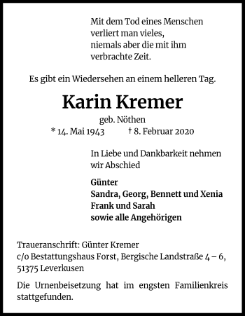 Anzeige von Karin Kremer von Kölner Stadt-Anzeiger / Kölnische Rundschau / Express