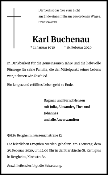 Anzeige von Karl Buchenau von Kölner Stadt-Anzeiger / Kölnische Rundschau / Express