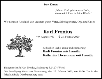 Anzeige von Karl Fronius von Kölner Stadt-Anzeiger / Kölnische Rundschau / Express