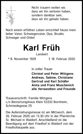 Anzeige von Karl Früh von Kölner Stadt-Anzeiger / Kölnische Rundschau / Express