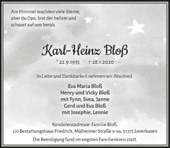 Anzeige von Karl-Heinz Bloß von  Leverkusener Wochenende 