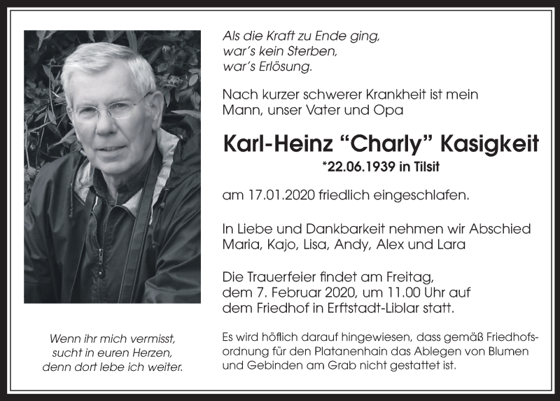  Traueranzeige für Karl-Heinz Kasigkeit vom 05.02.2020 aus  Werbepost 