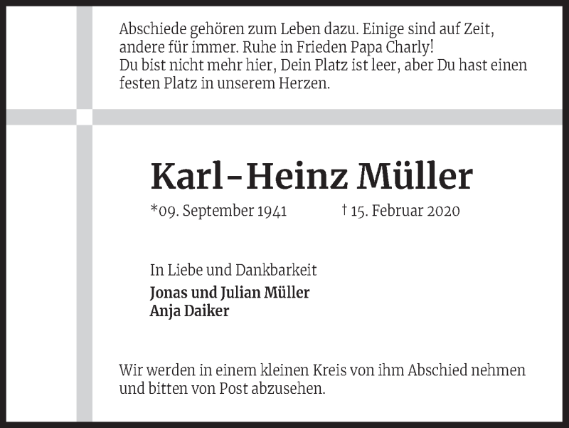  Traueranzeige für Karl-Heinz Müller vom 29.02.2020 aus Kölner Stadt-Anzeiger / Kölnische Rundschau / Express