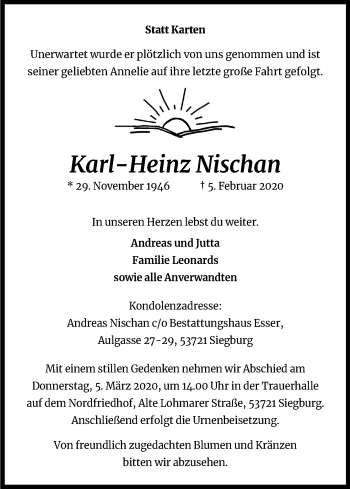 Anzeige von Karl-Heinz Nischan von Kölner Stadt-Anzeiger / Kölnische Rundschau / Express